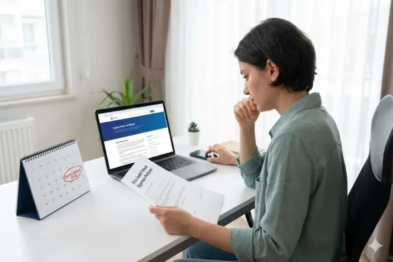 Bilgisayar başında poliçe belgelerini dikkatle inceleyen kadın ve prim iadeli hayat sigortası cayma hakkı prosedürleri.