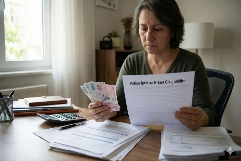 Elindeki Türk Lirası banknotları ve iptal evrağını düşünceli bir şekilde inceleyen kadın ile prim iadeli hayat sigortasından erken çıkışta para kaybı riski teması.