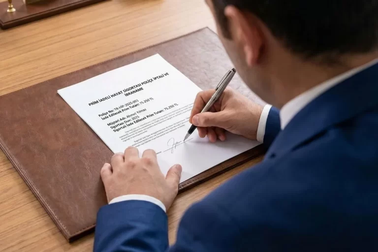 Masada prim iadeli hayat sigortası poliçe iptali ve iade talebi dilekçesini imzalayan iş insanı.