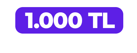 Mor renkli dikdörtgen buton üzerinde beyaz renkle yazılmış 1000 TL hediye çeki tutarı.