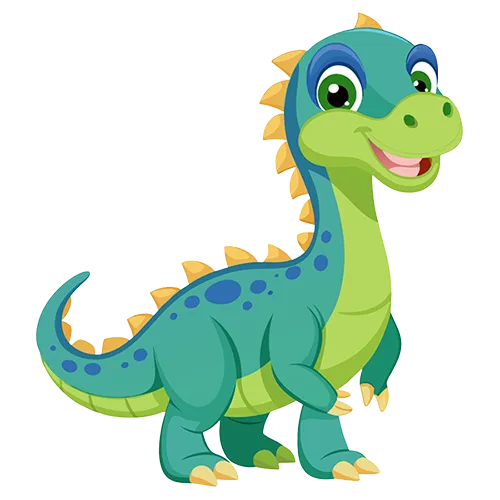Yeşil renkli, gülen sevimli bebek dinozor maskotu illüstrasyonu.